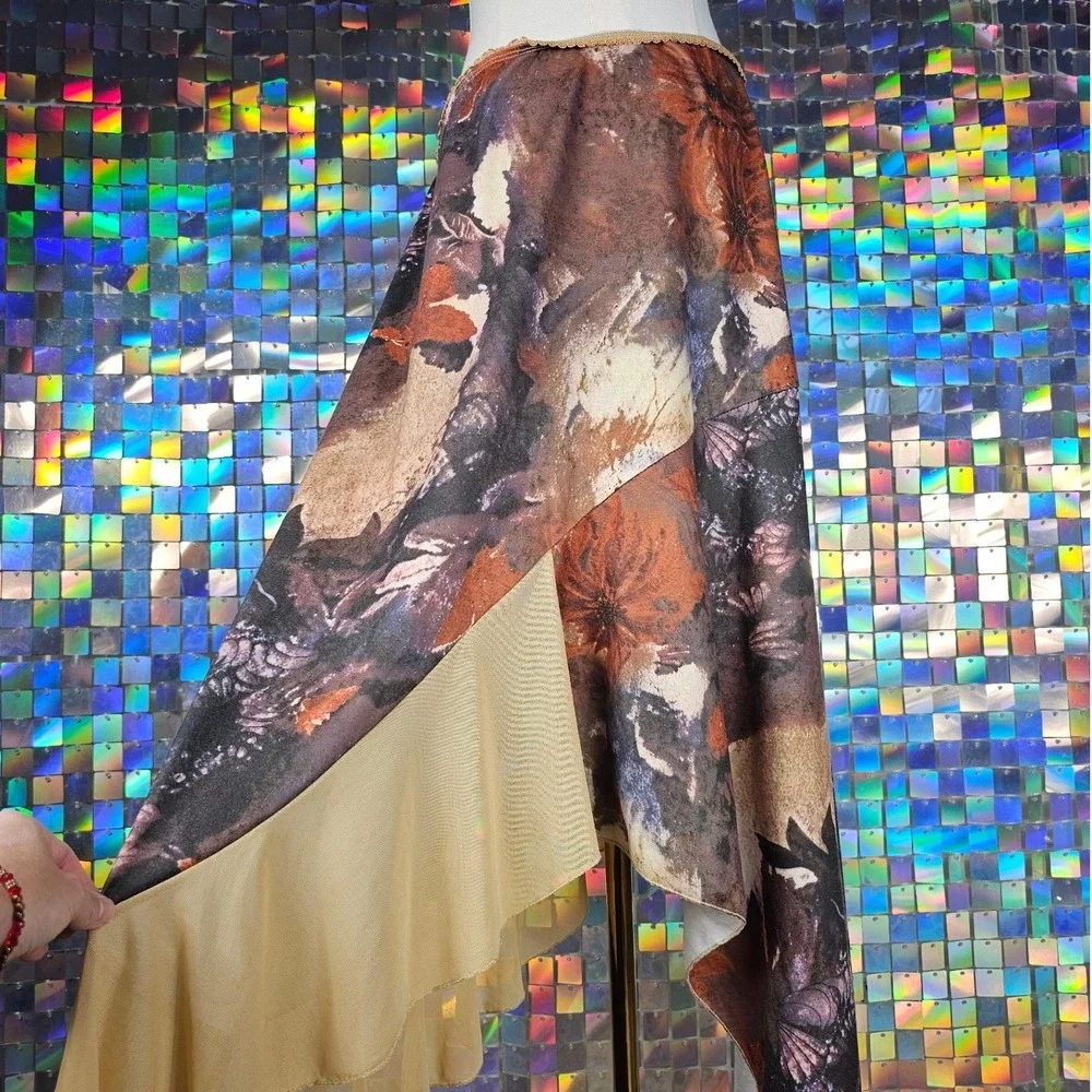 Asymmetrical Floral Midi Skirt Womens Brown Tan Renaissance Fairycore Western - Picture 8 of 10